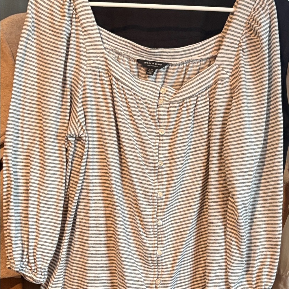 Lucky Brand Women's Striped Square Neck Blouse - Black and White